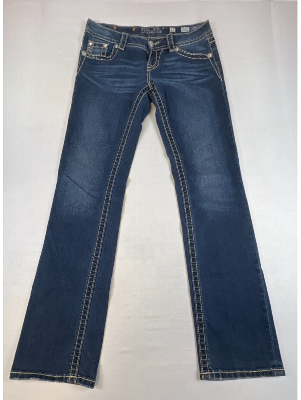Miss Me Women 27 Straight Jeans Dark Wash Embellished Flap Pockets Stretch